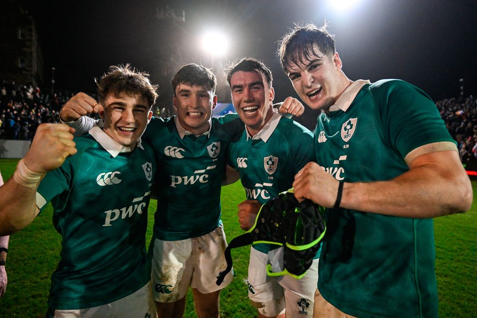 Ireland U-20 players, from left, Christopher Barrett, Derry Moloney, Ben Blaney and Josh Neill after theIR U20 Six Nations Championship victory over England at The Rec in Bath. Photo: Brendan Moran/Sportsfile